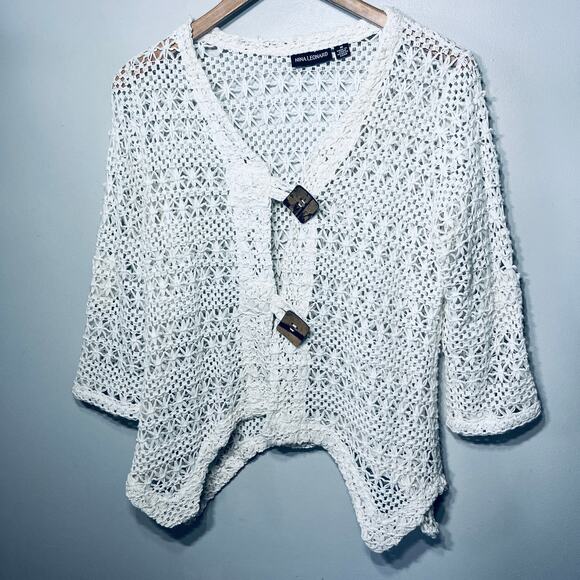 Nina Leonard Cardigan Cream Open Knit Artsy Button Crocheted Boho Beachy M - Picture 1 of 6